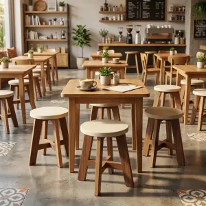 Stool Cafe Kayu Solid Kaki A-Frame Seat Bulat [4]