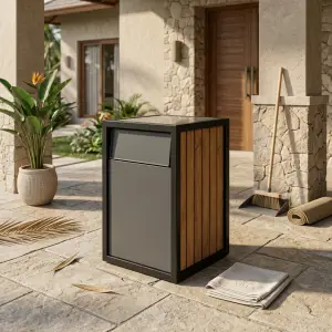 Tempat Sampah Outdoor Besi Kayu dengan Penutup Swing