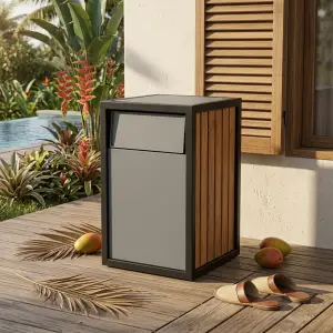 Tempat Sampah Outdoor Besi Kayu dengan Penutup Swing [4]