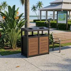Tempat Sampah Pilah 3 Kompartemen Rangka Besi Finishing Kayu [2]