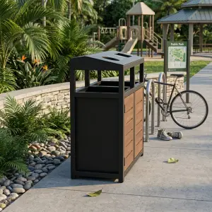 Tempat Sampah Pilah 3 Kompartemen Rangka Besi Finishing Kayu [3]