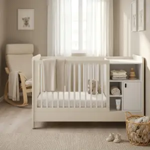 Tempat Tidur Bayi dengan Rak Penyimpanan Terintegrasi