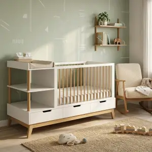 Tempat Tidur Bayi Scandinavian dengan Rak Open Shelf dan Laci Penyimpanan [2]