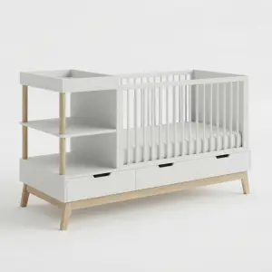 Tempat Tidur Bayi Scandinavian dengan Rak Open Shelf dan Laci Penyimpanan [5]