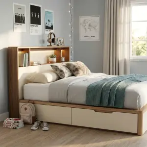 Tempat Tidur Laci Bawah dengan Headboard Rak Serbaguna