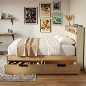 Tempat Tidur Laci Bawah Headboard Rak Kayu Natural