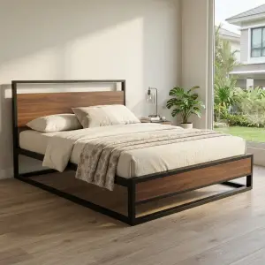 Tempat Tidur Rangka Besi Kombinasi Kayu Gaya Industrial [4]