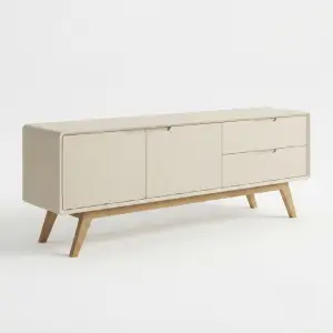 TV Cabinet Skandinavian Kayu Solid Dua Pintu Dua Laci